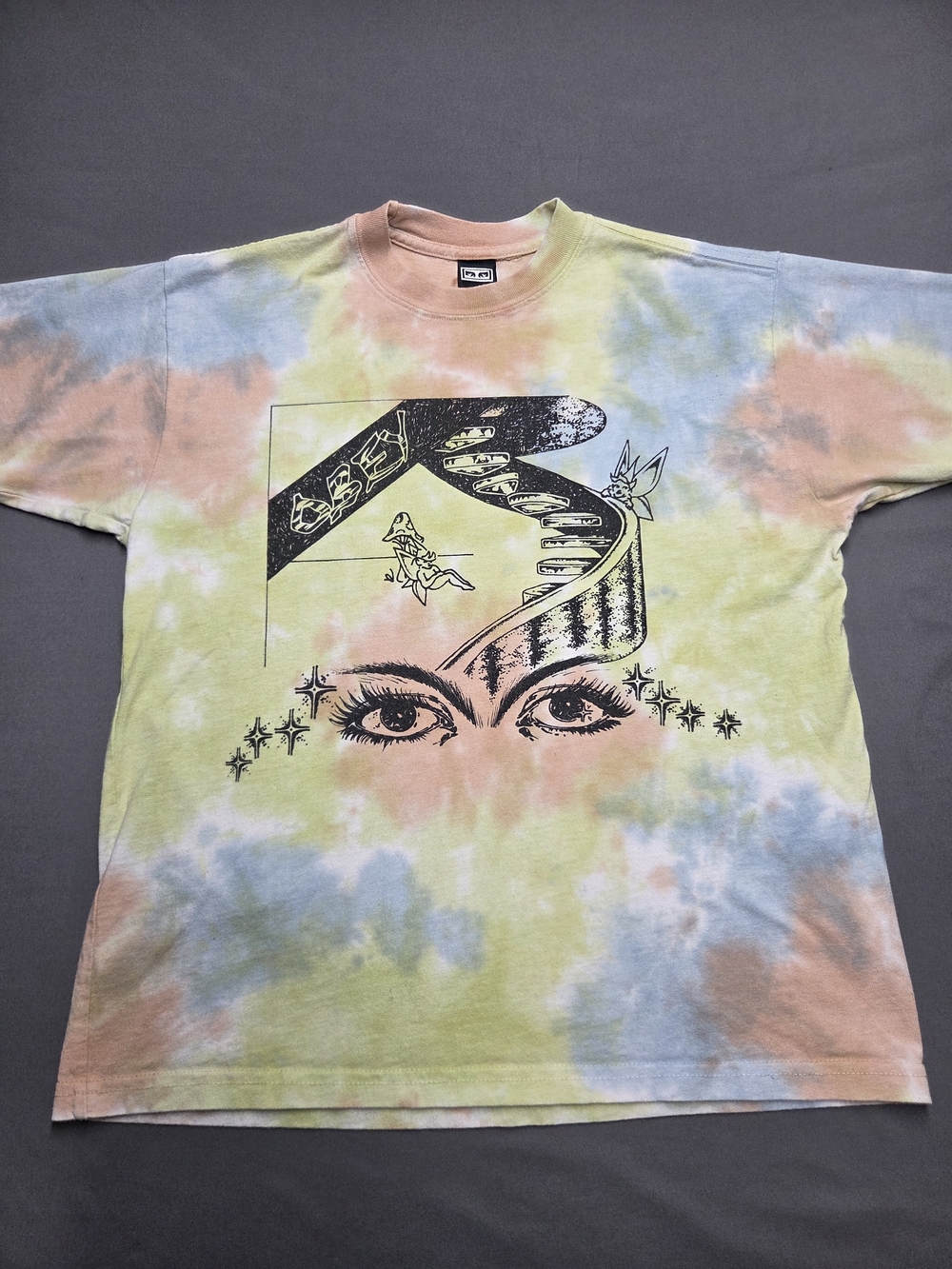 Obey Clothing Tie Dye Graphic T-Shirt Pastel Yellow Blue Eyes Size Small S